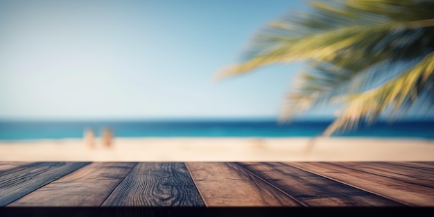 Tavola di legno vuota con spiaggia tropicale di sfondo estivo Generativo Ai