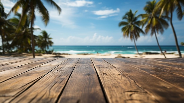 Tavola di legno vuota con un mare estivo e palme