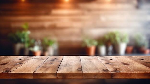 Tavola di legno vuota davanti a sfondo cucina sfocato