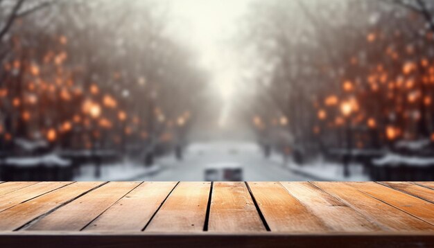 Tavola di legno vuota davanti al paesaggio invernale sfondo sfocato
