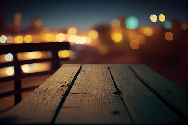 Tavola di legno vuota in una terrazza in un ambiente urbano notturnogenerativo ai