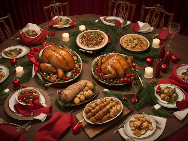 Tavola di Natale servita con un pollo di tacchino per cena su sfondo scuro