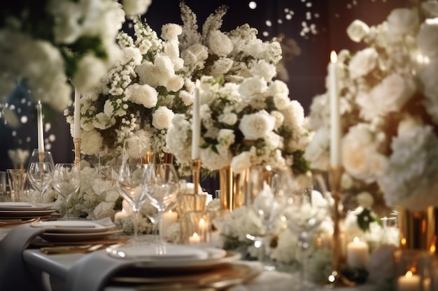 Tavola di nozze festiva bianca vuota con candele e utensili preparazione per un banchetto ai generativo