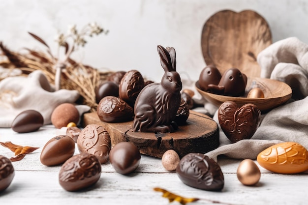 Tavola di Pasqua festiva con una varietà di prelibatezze al cioccolato
