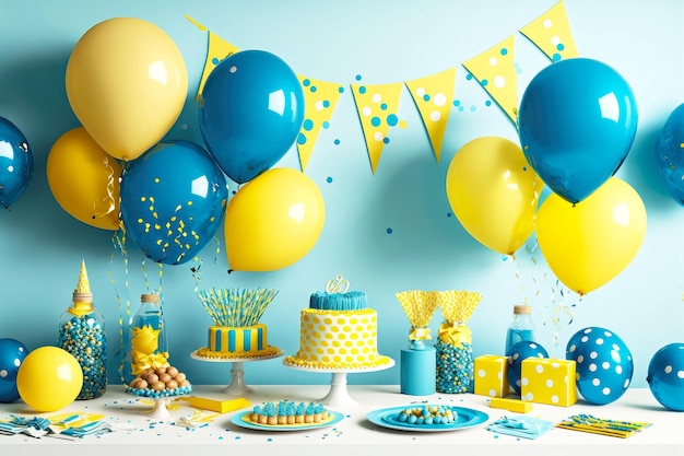 Tavola e decorazioni per feste di compleanno con palloncini, coriandoli e striscioni nei toni del giallo blu