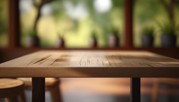Tavola e tavolo in legno, per esposizione prodotti e merchandising. IA generativa.
