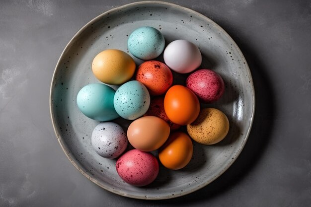 Tavola festiva di Pasqua con una ciotola di uova colorate come fulcro IA generativa