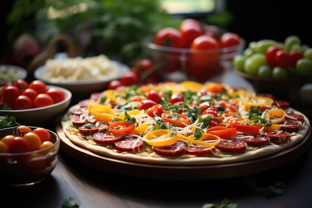 Tavola festiva piena di pizze prominente divertimento generativo per bambini IA