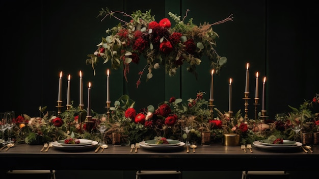 Tavola festosa con piatti, candele e bouquet floreale Tavola apparecchiata per banchetti in un ristorante di lusso