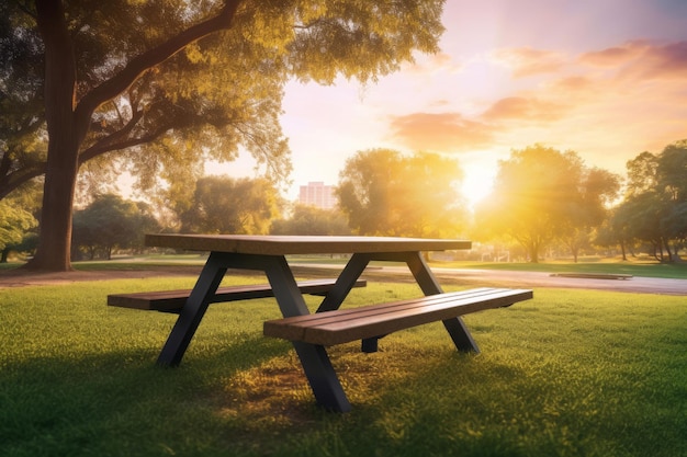 Tavola panchina alla scena del parco al tramonto Riposare sedile di legno per il picnic Generare Ai