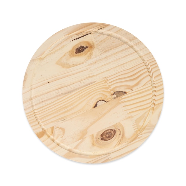 Tavola per pizza rotonda in legno isolata su sfondo bianco