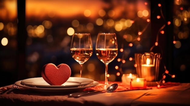 Tavola per una cena romantica per San Valentino al ristorante con luce bokeh