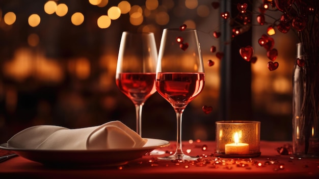 Tavola per una cena romantica per San Valentino al ristorante con luce bokeh