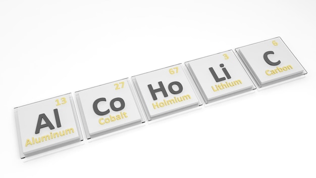 Tavola periodica dei simboli degli elementi utilizzati per formare la parola Alcolica isolata su bianco