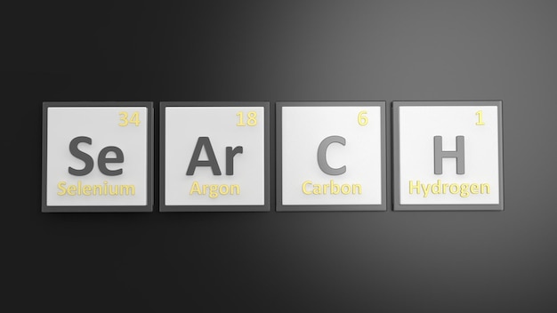 Tavola periodica dei simboli degli elementi utilizzati per formare la parola Ricerca sulla lavagna