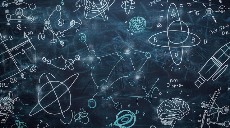 Foto tavola piena di diagrammi scientifici, equazioni e illustrazioni che rappresentano vari concetti