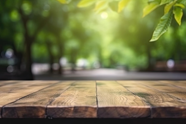 Tavola vuota di tavola di legno con sfondo sfocato foglia verde