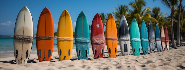 tavole da surf di colore in una spiaggia diversa