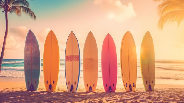 Tavole da surf su una spiaggia con il sole che tramonta dietro di loro