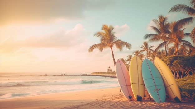 Tavole da surf su una spiaggia con palme sullo sfondo
