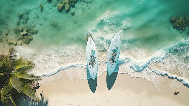 Tavole da surf su una spiaggia di sabbia bianca con palme e acqua turchese Vista dall'alto IA generativa