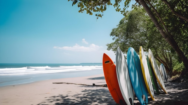 tavole da surf sulla spiaggia vicino all'albero con il cielo blu