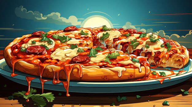 Tavole di carta con l'immagine di una pizza in stile pop art poster colorato vintage armonioso