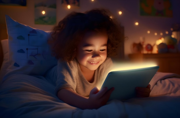 Tavoletta di lettura per bambini gioiosi sotto le luci notturne