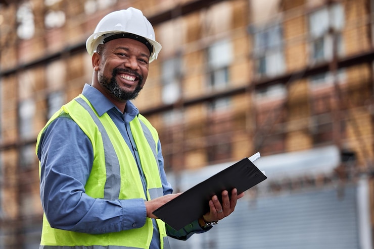 Foto tavoletta verticale e costruzione di un uomo di colore in un cantiere per la pianificazione dell'architettura o dello sviluppo tecnologia del sorriso e ricerca con un felice architetto maschio maturo che lavora in città