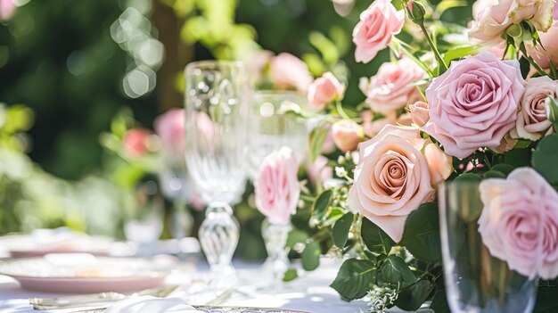 Tavoli da festa in giardino eleganza del paesaggio con decorazione floreale del tavolo