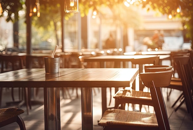 tavoli e sedie davanti a un ristorante soleggiato nello stile del panorama bokeh