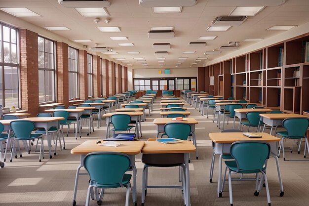 Tavoli e sedie disposti in una biblioteca vuota di una scuola superiore