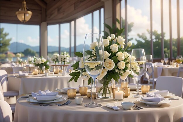 Tavoli splendidamente sistemati con bicchieri e elettrodomestici per un matrimonio o un altro evento