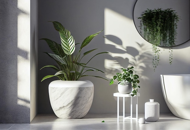 Tavolino in ceramica bianca accanto a una vasca da bagno in marmo in un bagno moderno con piante verdi Generato da AI