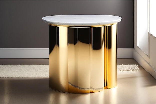 Tavolino rotondo vuoto di lusso sul podio in marmo con gamba in acciaio dorato in morbido e liscio bianco beige velato