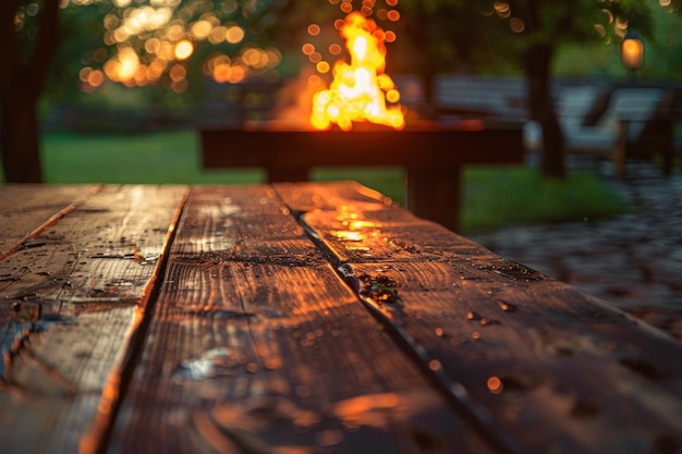 Tavolo a barbecue vuoto con il fuoco che brucia sullo sfondo