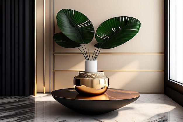 Tavolo a podio di pietra rotonda nera ramo di albero tropicale vaso di vetro ciotola di legno alla luce del sole su beige br