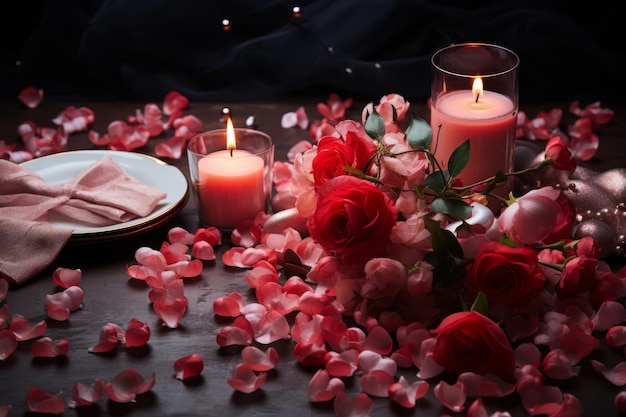 Tavolo adornato con petali di rosa candele e palloncini a forma di cuore ideale speciale AI generativa