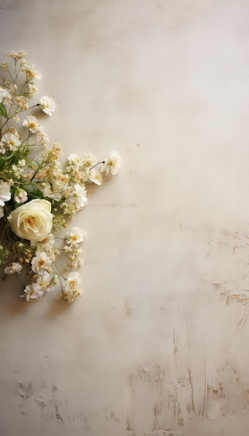 tavolo antico bianco sabbia con fiori bianchi adagiati su di esso
