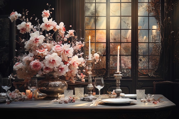 Tavolo ben servito con stoviglie eleganti e fiori rosa che adornano l'ambiente