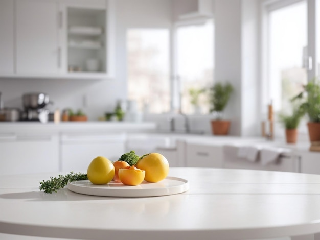 Tavolo bianco con frutta contro tavolo in legno sfondo interno cucina sfocata