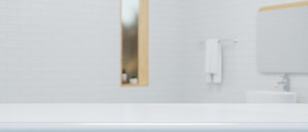 Tavolo bianco moderno per la visualizzazione di un'illustrazione 3D del fondo interno del bagno igienico bianco