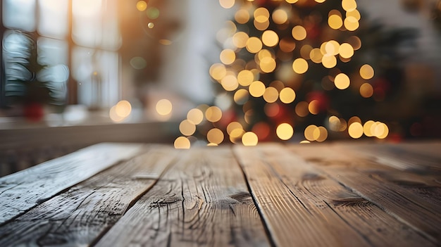 Tavolo bianco vuoto con decorazione di salotto caldo astratto con luce a corda di albero di Natale
