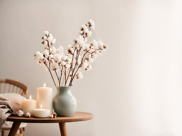 Tavolo con candele aromatiche e fiori di cotone su sfondo chiaro AI generativa
