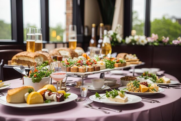 Tavolo con cibi e bevande al ristorante prima della festa di nozze