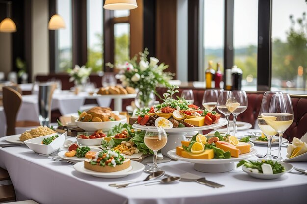 Tavolo con cibi e bevande al ristorante prima della festa di nozze