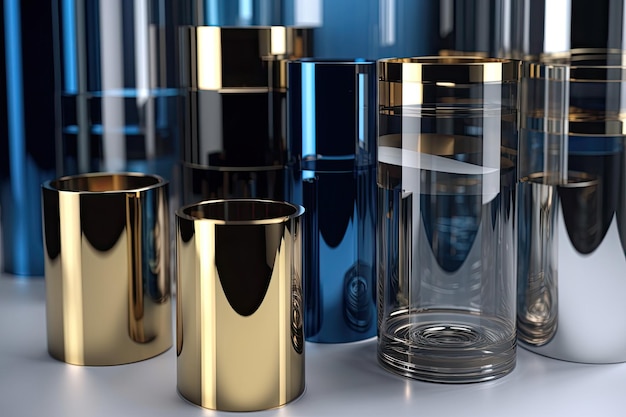 Tavolo con composizione di vasi in oro e argento Generative AI