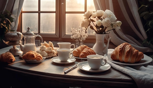 tavolo con croissant e fiori con teiera