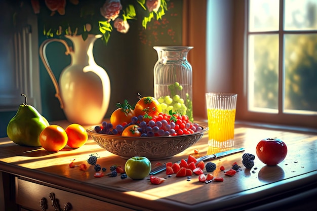 Tavolo con diversi pezzi di frutta in cucina alla luce del sole