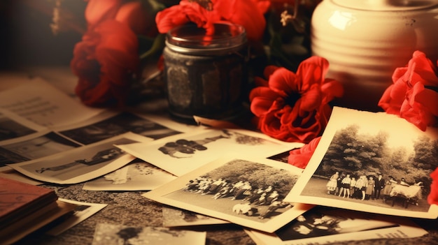 Tavolo con fiori rossi e vecchie foto